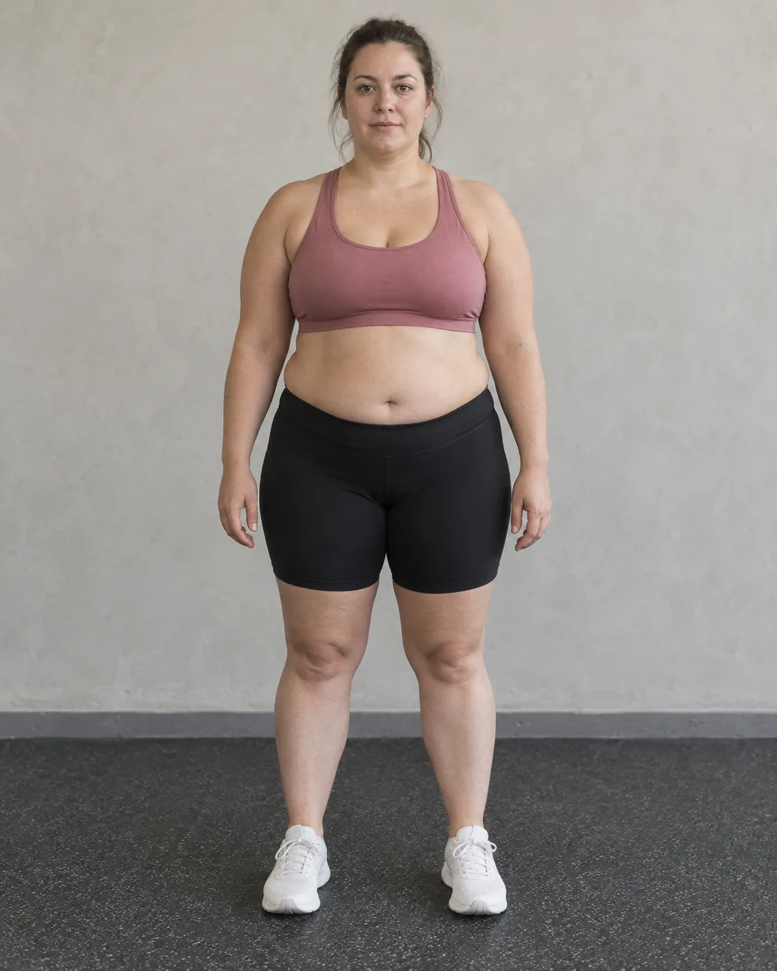 Fictional before image of a woman standing in gym clothing